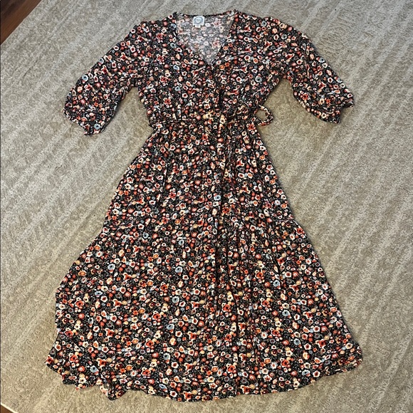 Blue Rain Dresses & Skirts - Blue Rain Black Floral Faux Wrap 3/4 Sleeve Dress X-Large